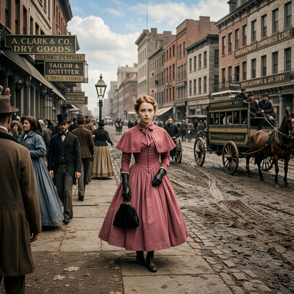 Woman in blue 19th century dress walking on city street with horse-drawn omnibus and pedestrians