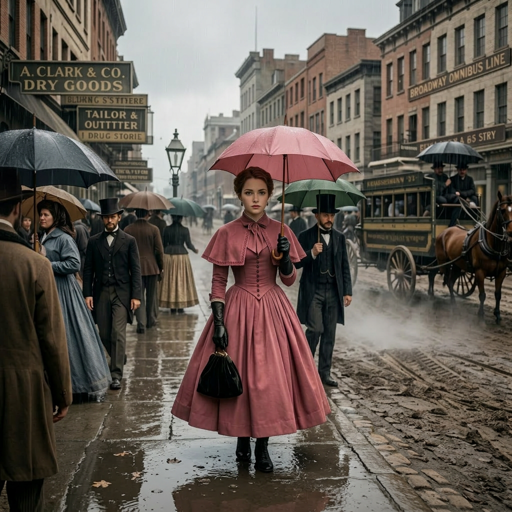 Woman in blue 19th century dress walking on city street with horse-drawn omnibus and pedestrians. It's a rainy day. 