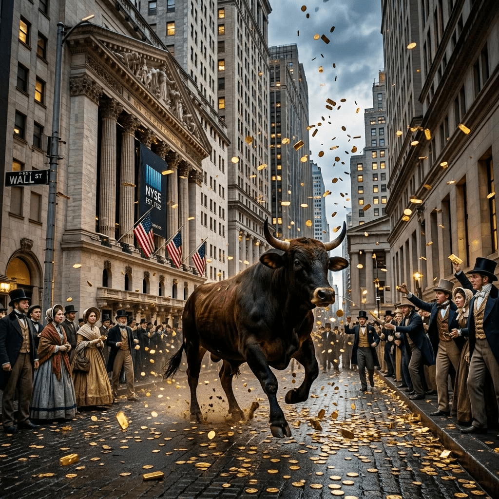Large bull running on Wall Street street with gold coins flying and people cheering