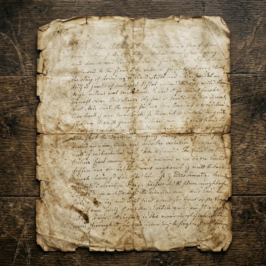 Worn, aged parchment with faded cursive handwriting on wooden table