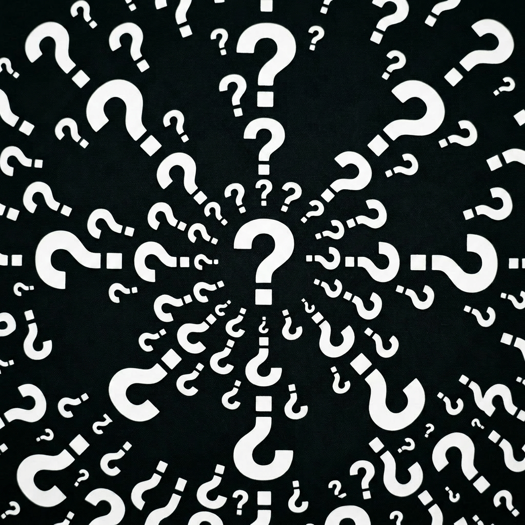 Multiple white question marks arranged in a spiral pattern on a black background